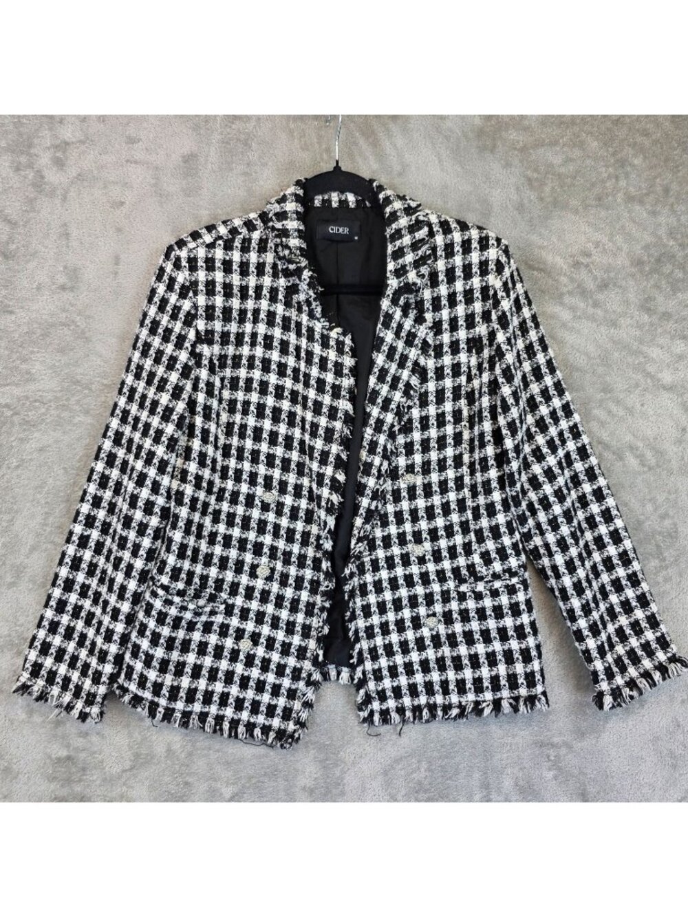 Cider Blazer Jacket Womens M Black White Tweed Check Fringe Button Lined Short